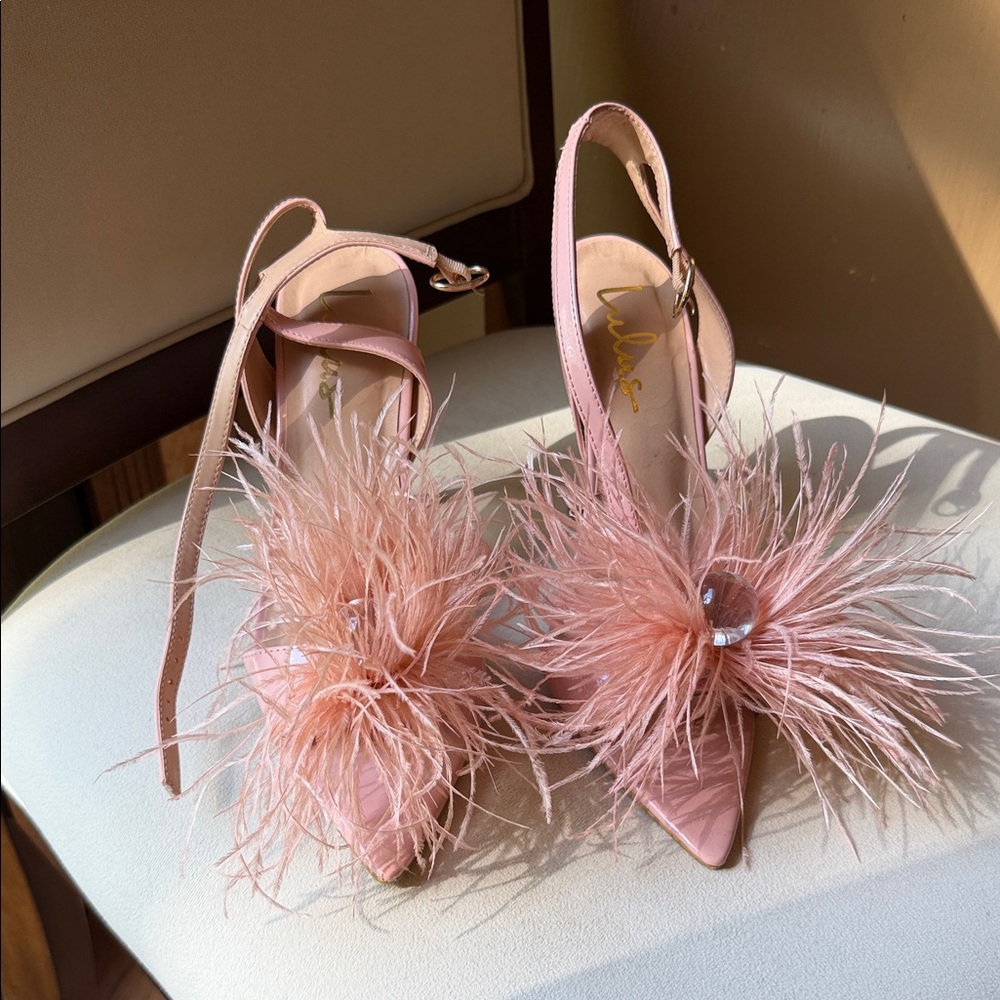 Lulu's Blush Pink Feather Pointed Slingback Heels